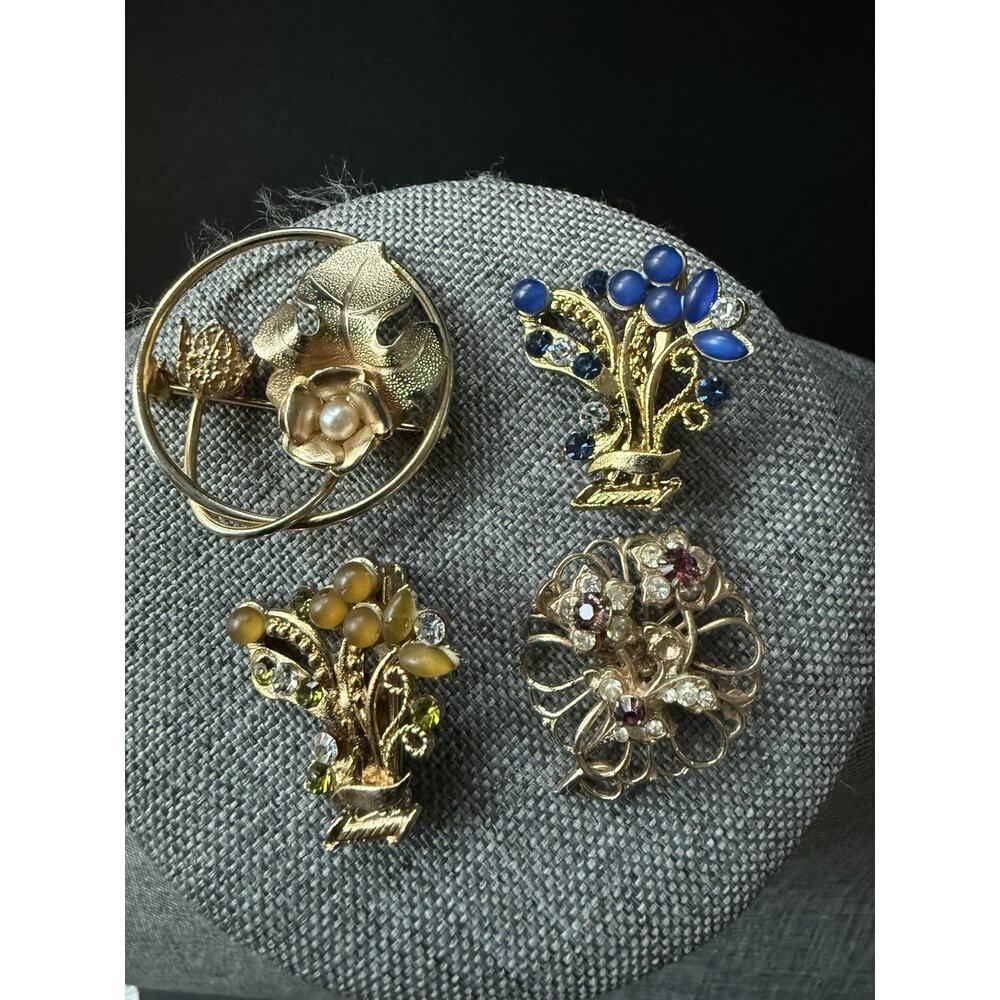 Vintage Brooch Bundle Rhinestone Gold Tone Flowers Scarf Lapel Pin Retro Whimsy